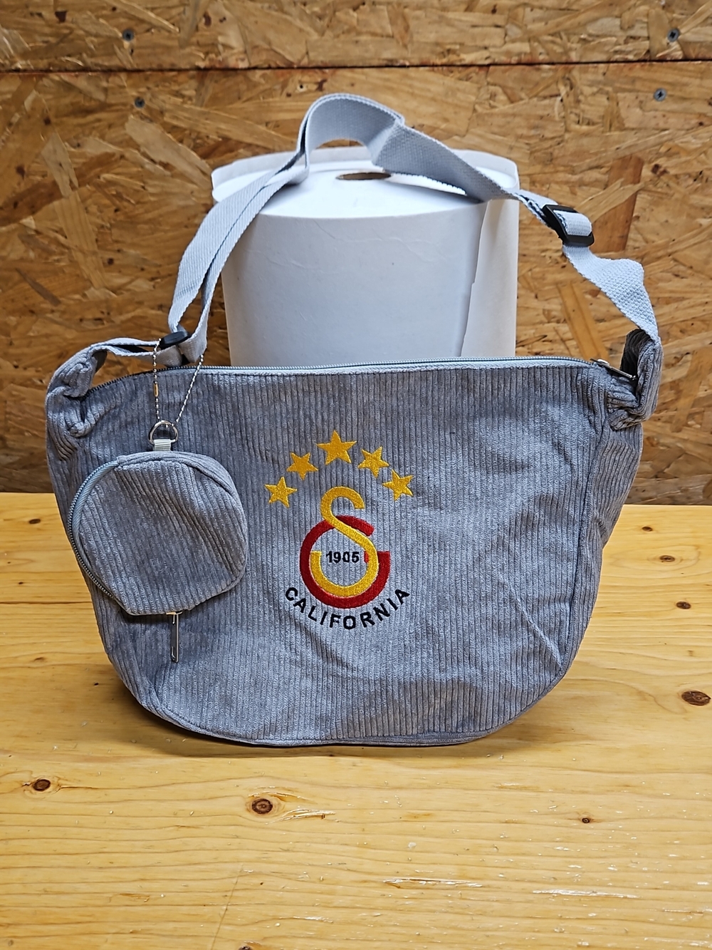 California Embroidered Grey Corduroy Shoulder Bag with Coin Pouch